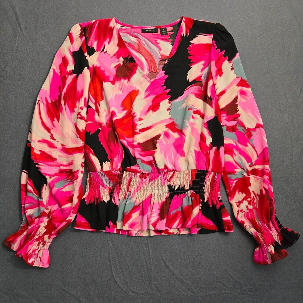 Halogen Blouse Women S Pink Floral V Neck Long Sleeve Smocked Waist
